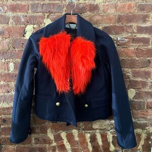 J. Crew Navy Cropped Jacket with Bold Faux Fur Collar